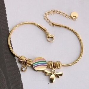 18K Gold‎ Plated Titanium Bee Rainbow Charm Bracelet Adjustable Chain